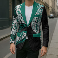 Monstera Plumeria Flowers Teal Blazer Polynesian Pattern
