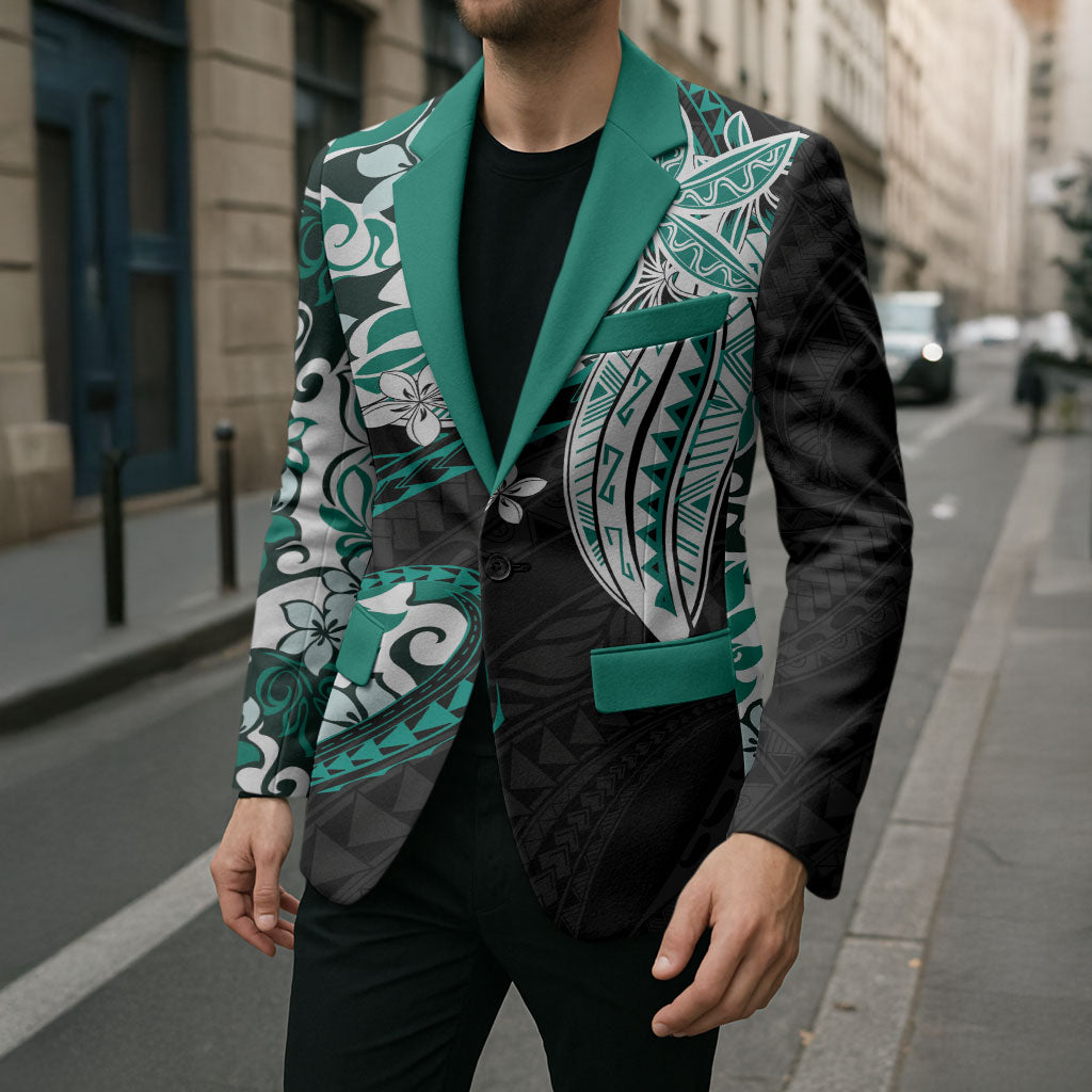 Monstera Plumeria Flowers Teal Blazer Polynesian Pattern