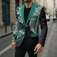 Monstera Plumeria Flowers Teal Blazer Polynesian Pattern