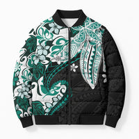 Monstera Plumeria Flowers Teal Bomber Puffer Jacket Polynesian Pattern