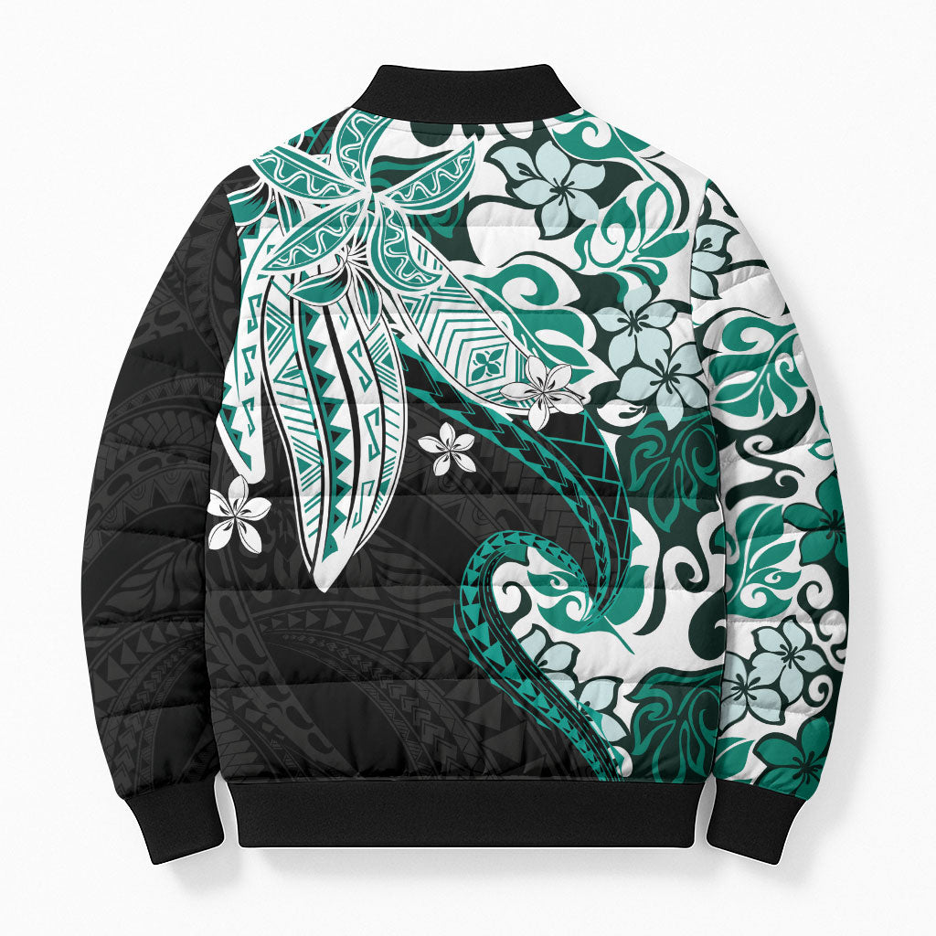 Monstera Plumeria Flowers Teal Bomber Puffer Jacket Polynesian Pattern