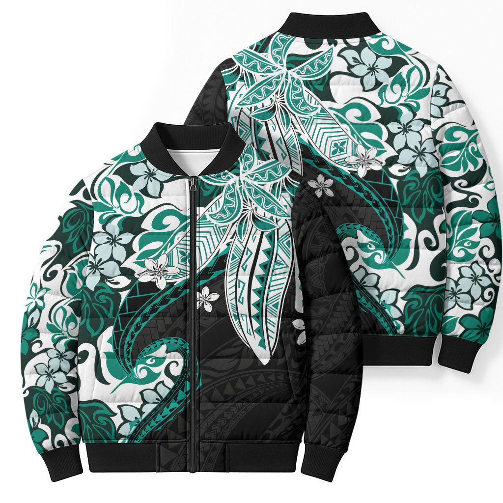 Monstera Plumeria Flowers Teal Bomber Puffer Jacket Polynesian Pattern