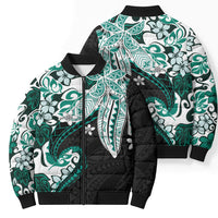 Monstera Plumeria Flowers Teal Bomber Puffer Jacket Polynesian Pattern
