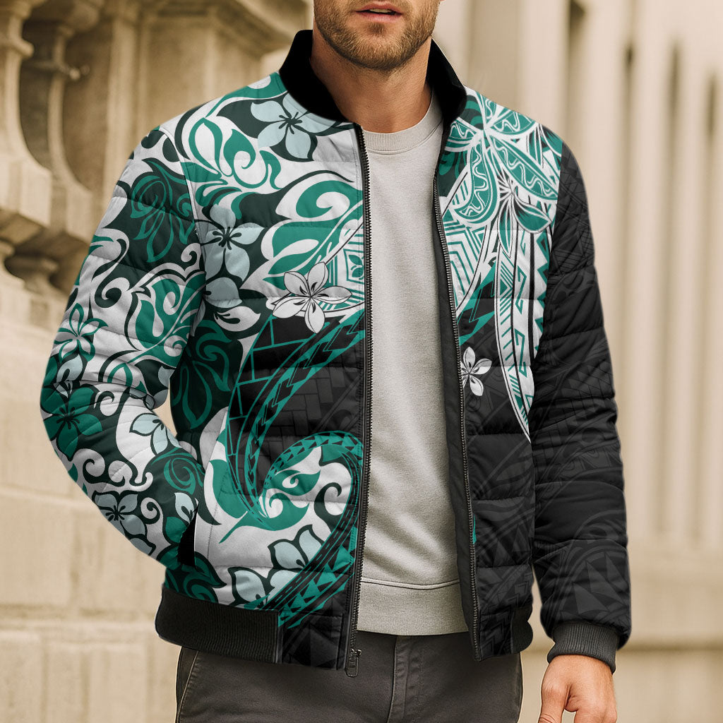 Monstera Plumeria Flowers Teal Bomber Puffer Jacket Polynesian Pattern