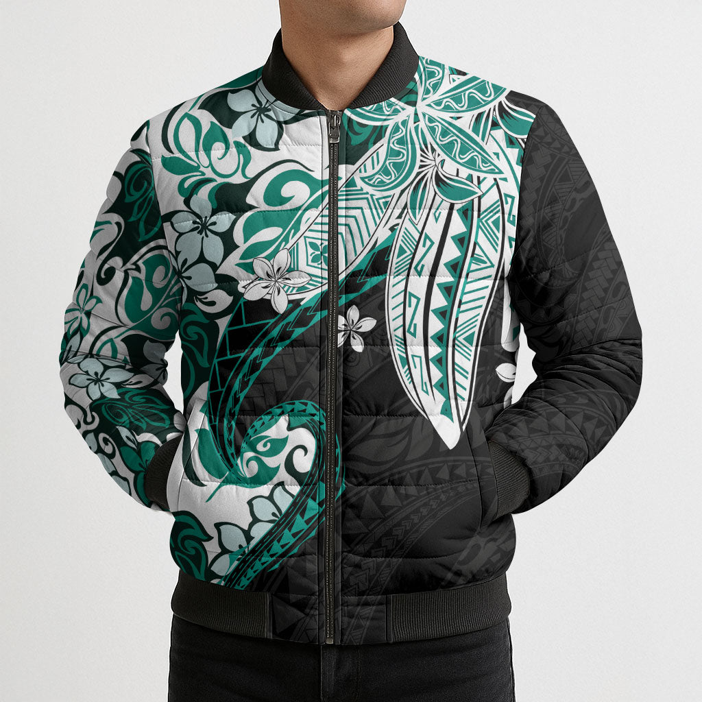 Monstera Plumeria Flowers Teal Bomber Puffer Jacket Polynesian Pattern