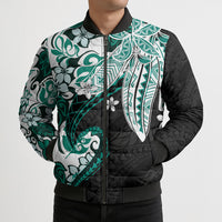 Monstera Plumeria Flowers Teal Bomber Puffer Jacket Polynesian Pattern
