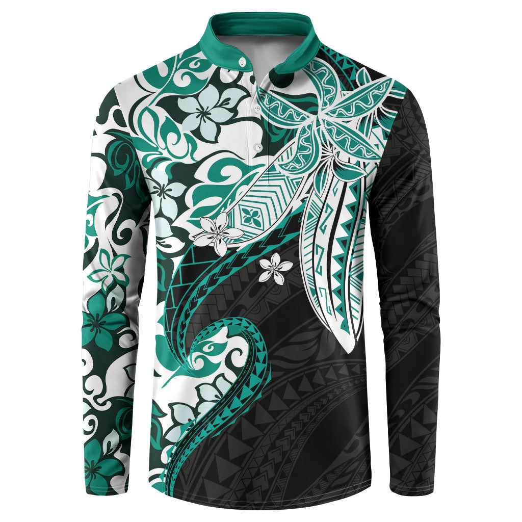 Monstera Plumeria Flowers Teal Button Sweatshirt Polynesian Pattern