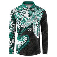 Monstera Plumeria Flowers Teal Button Sweatshirt Polynesian Pattern