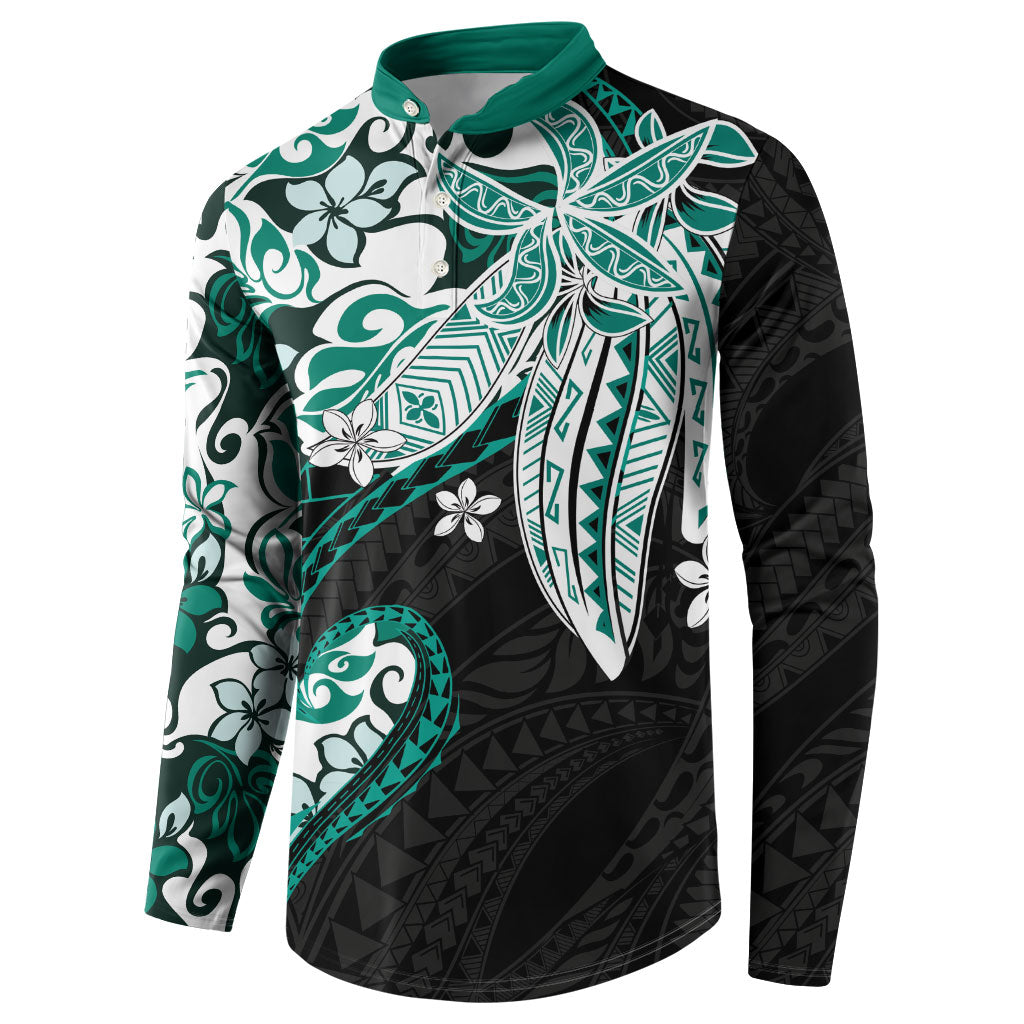 Monstera Plumeria Flowers Teal Button Sweatshirt Polynesian Pattern