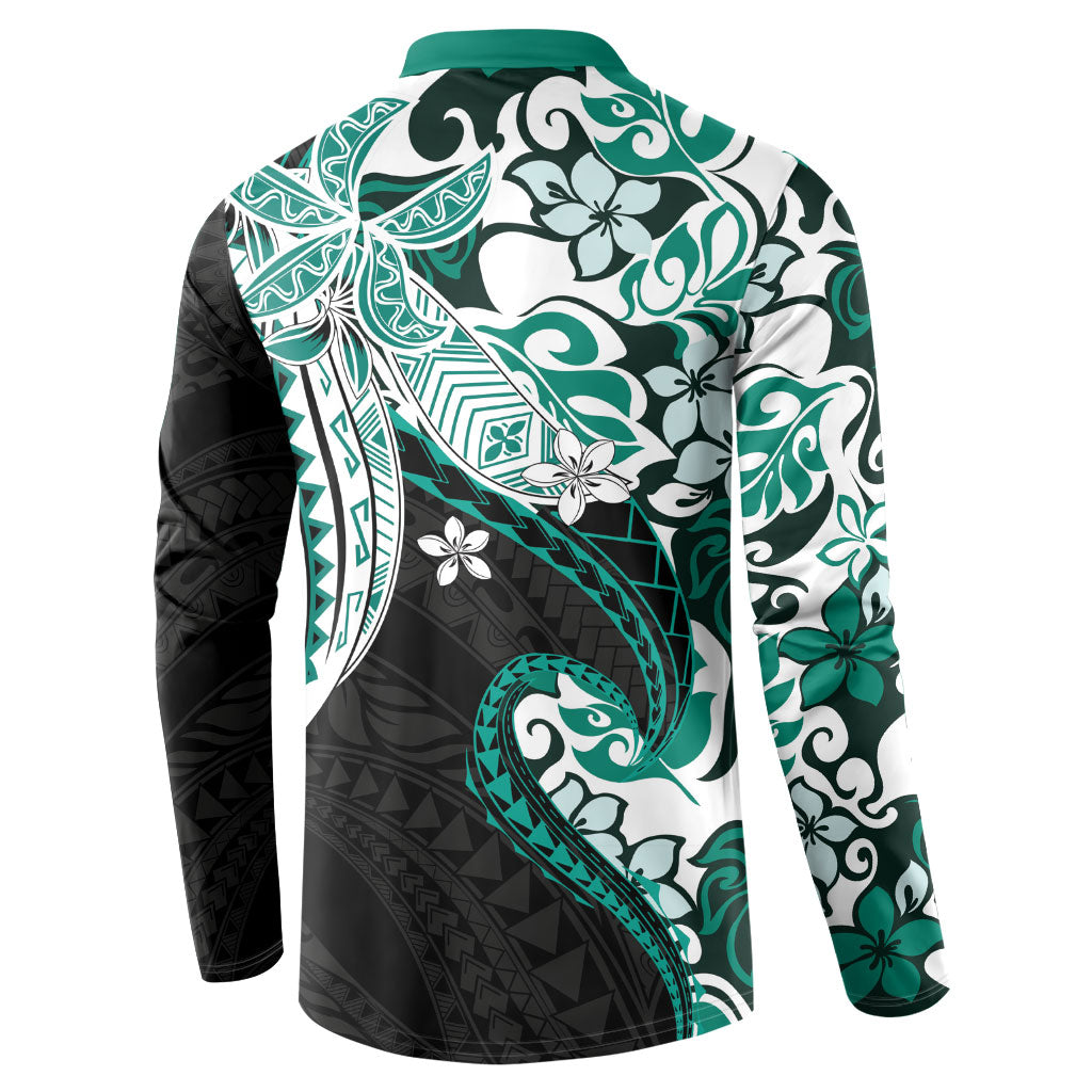 Monstera Plumeria Flowers Teal Button Sweatshirt Polynesian Pattern