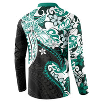 Monstera Plumeria Flowers Teal Button Sweatshirt Polynesian Pattern