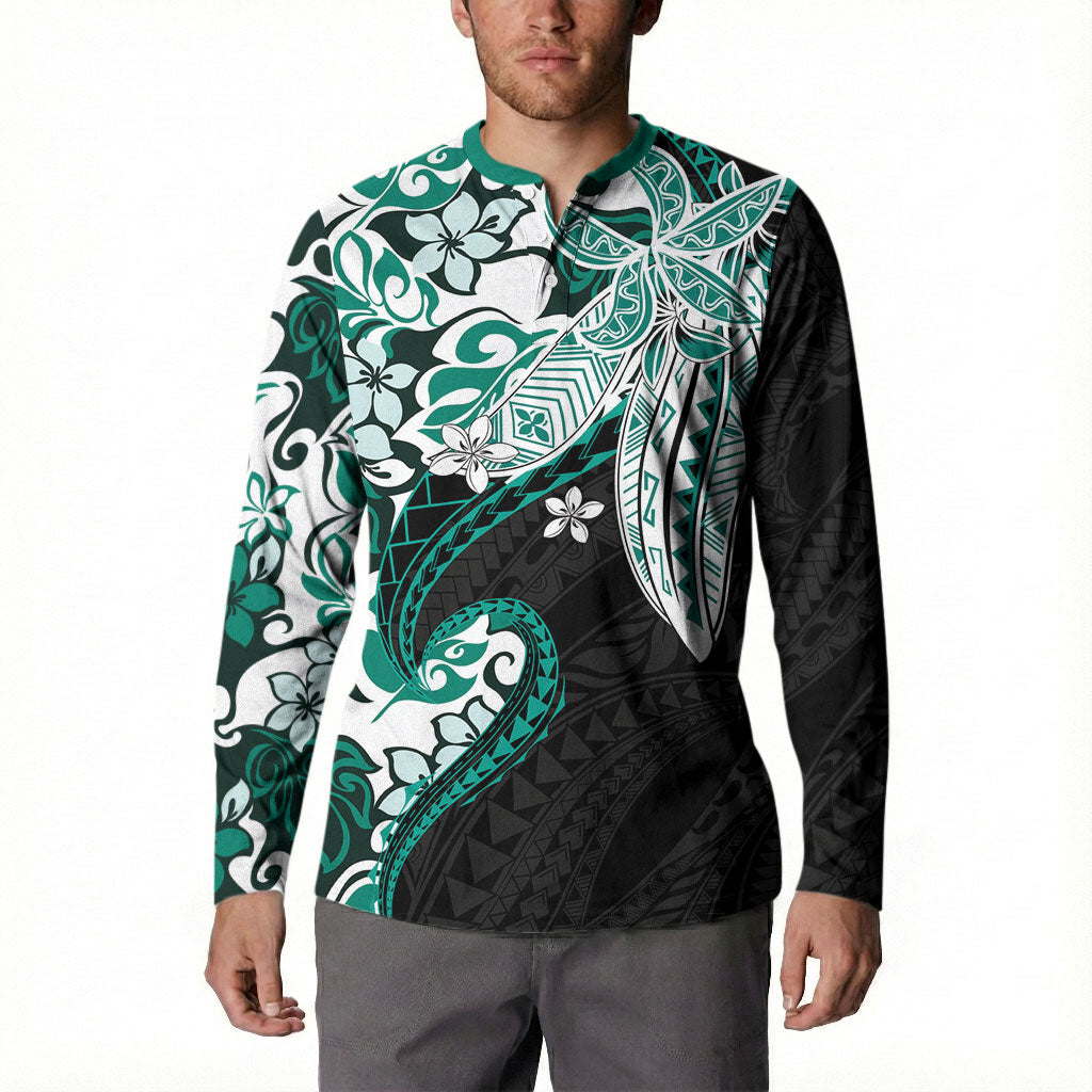 Monstera Plumeria Flowers Teal Button Sweatshirt Polynesian Pattern