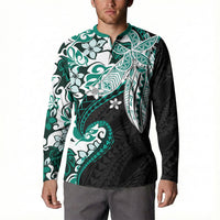 Monstera Plumeria Flowers Teal Button Sweatshirt Polynesian Pattern