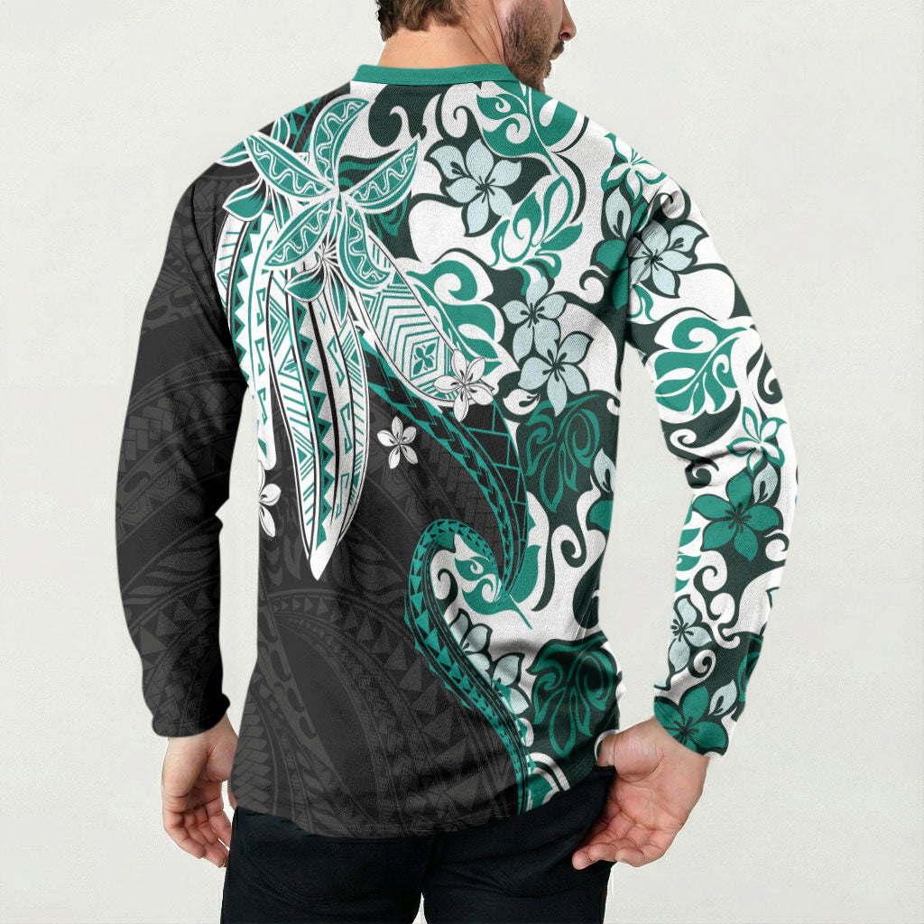 Monstera Plumeria Flowers Teal Button Sweatshirt Polynesian Pattern