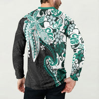 Monstera Plumeria Flowers Teal Button Sweatshirt Polynesian Pattern