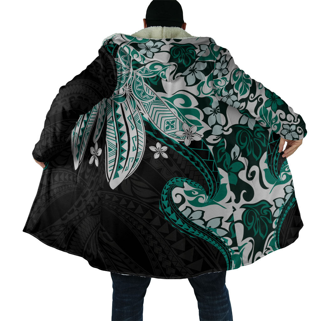 Monstera Plumeria Flowers Teal Cloak Polynesian Pattern