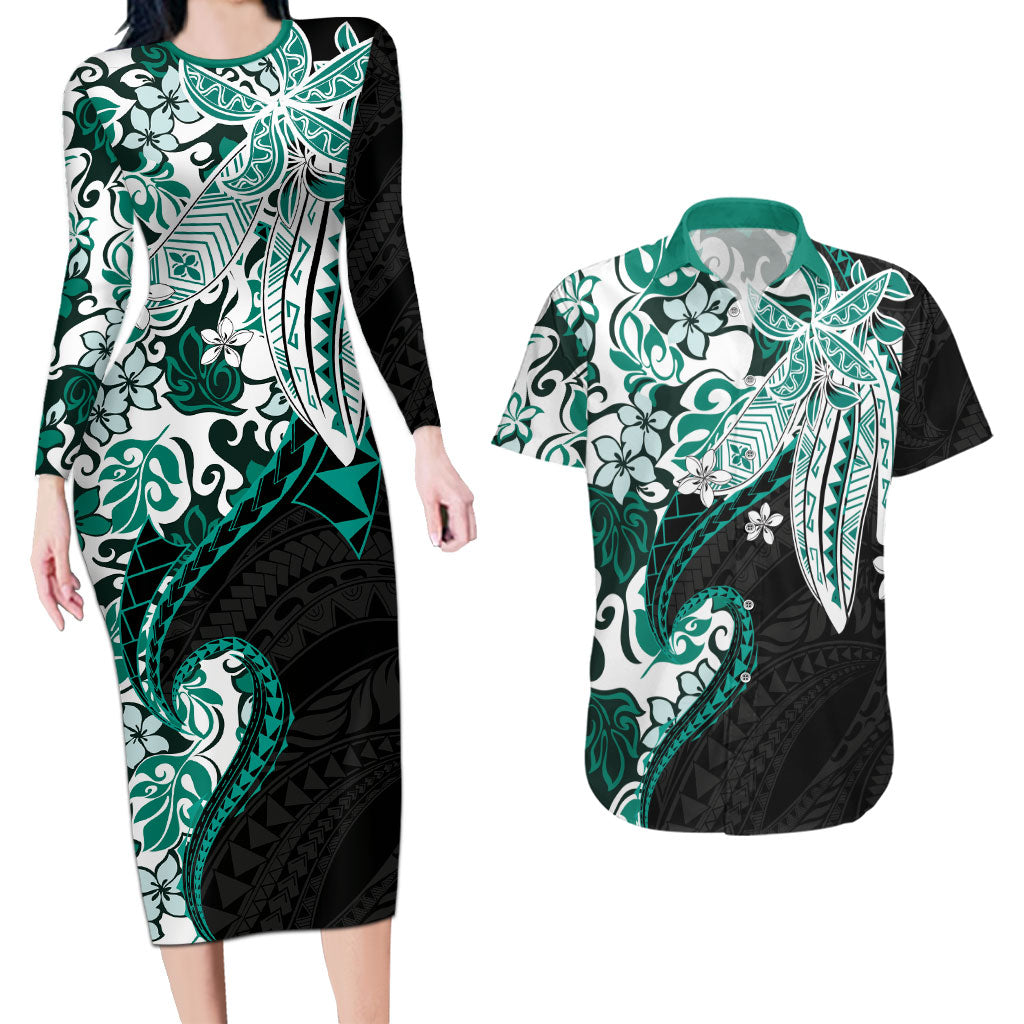 Monstera Plumeria Flowers Teal Couples Matching Long Sleeve Bodycon Dress and Hawaiian Shirt Polynesian Pattern