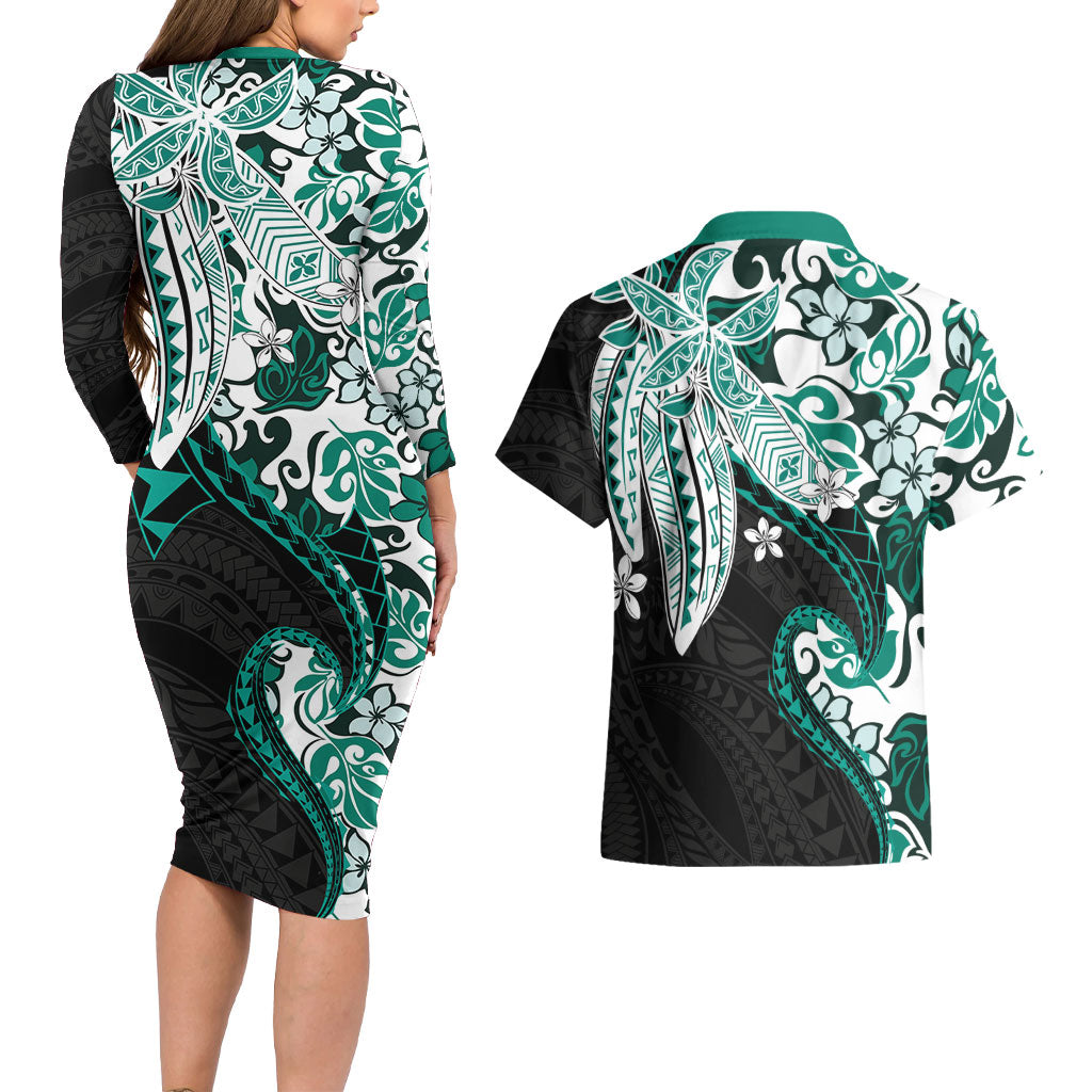 Monstera Plumeria Flowers Teal Couples Matching Long Sleeve Bodycon Dress and Hawaiian Shirt Polynesian Pattern