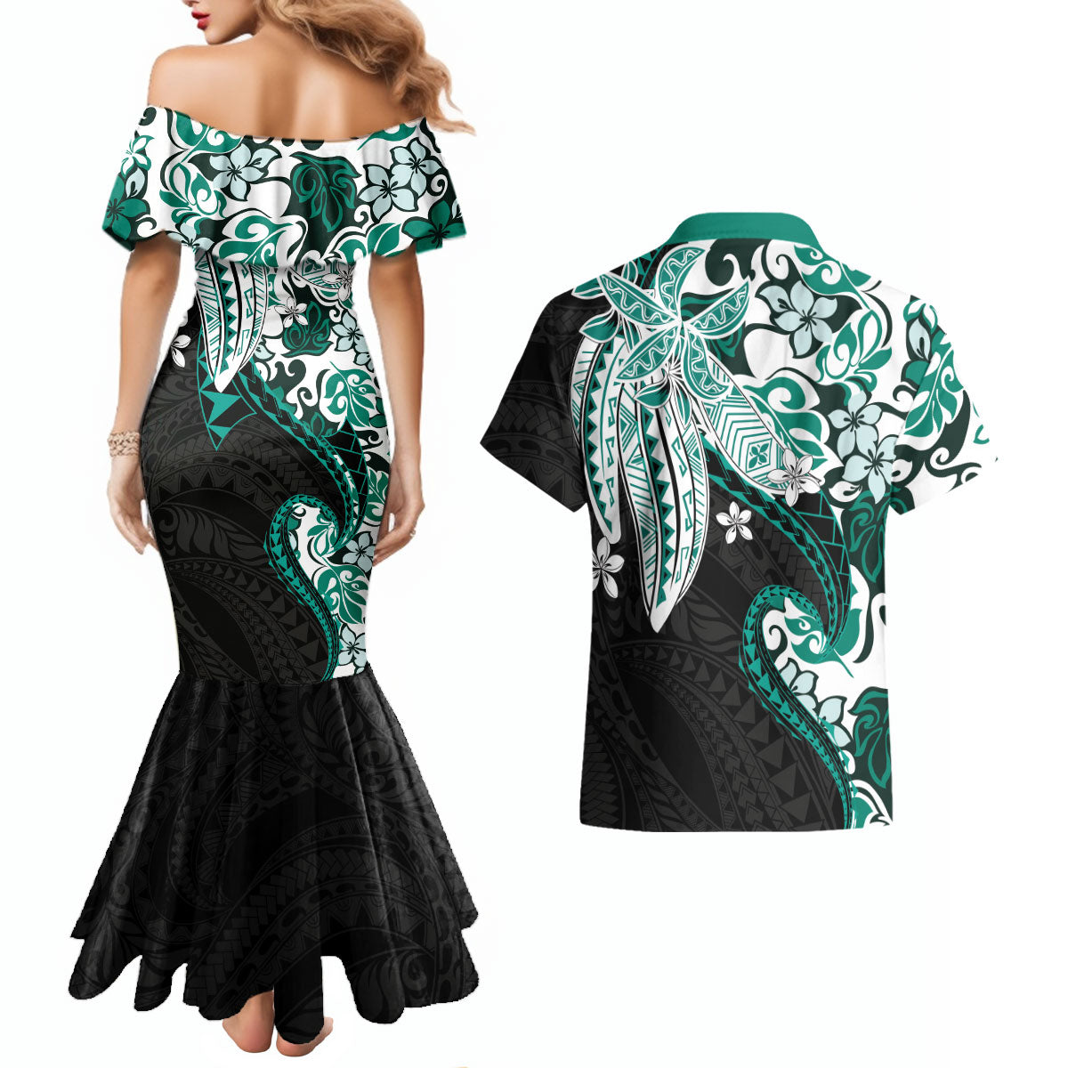 Monstera Plumeria Flowers Teal Couples Matching Mermaid Dress and Hawaiian Shirt Polynesian Pattern LT01 - Polynesian Pride