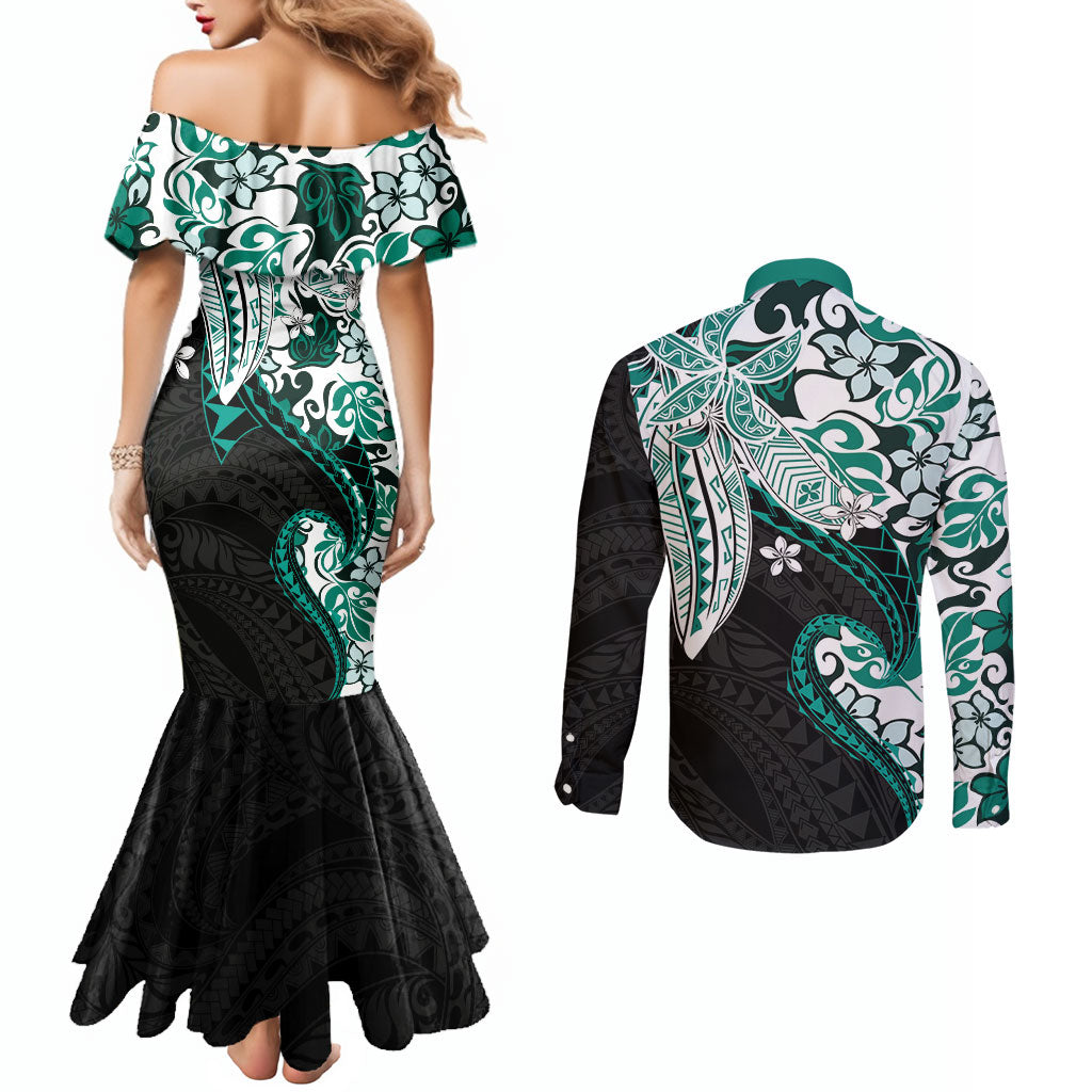 Monstera Plumeria Flowers Teal Couples Matching Mermaid Dress and Long Sleeve Button Shirt Polynesian Pattern