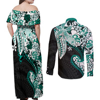 Monstera Plumeria Flowers Teal Couples Matching Off Shoulder Maxi Dress and Long Sleeve Button Shirt Polynesian Pattern