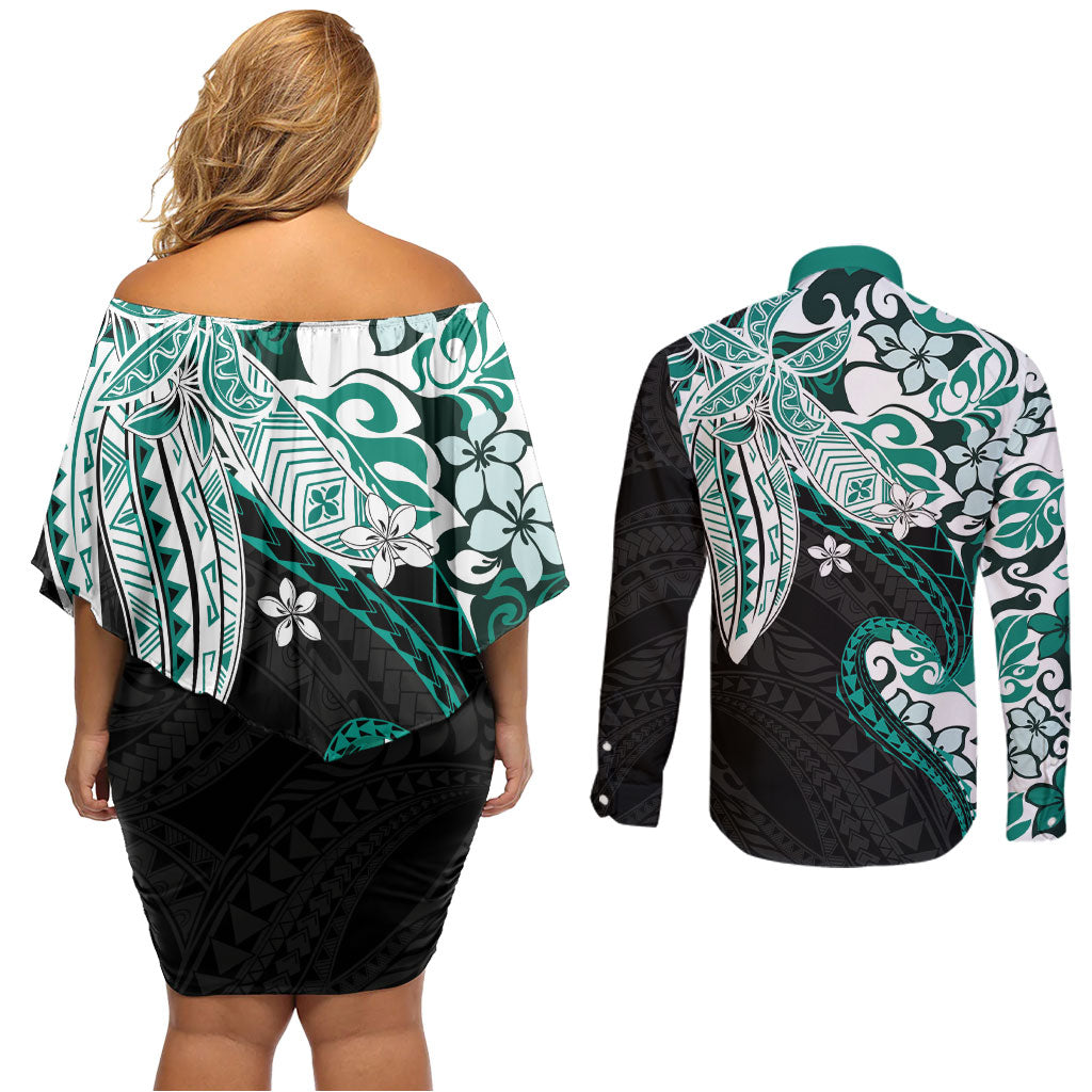 Monstera Plumeria Flowers Teal Couples Matching Off Shoulder Short Dress and Long Sleeve Button Shirt Polynesian Pattern