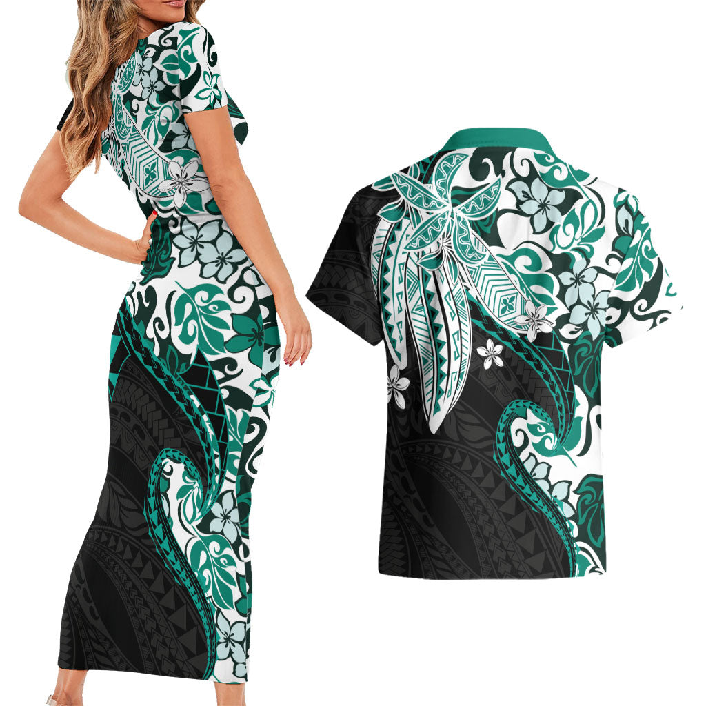 Monstera Plumeria Flowers Teal Couples Matching Short Sleeve Bodycon Dress and Hawaiian Shirt Polynesian Pattern