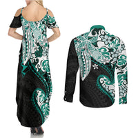 Monstera Plumeria Flowers Teal Couples Matching Summer Maxi Dress and Long Sleeve Button Shirt Polynesian Pattern