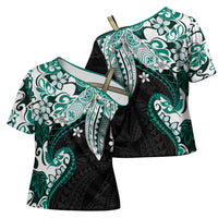 Monstera Plumeria Flowers Teal Cross Shoulder Shirt Polynesian Pattern