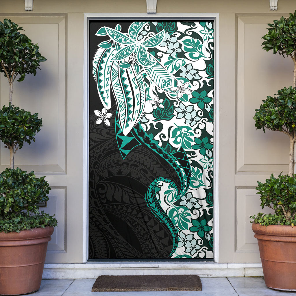 Monstera Plumeria Flowers Teal Door Cover Polynesian Pattern LT01 Teal - Polynesian Pride