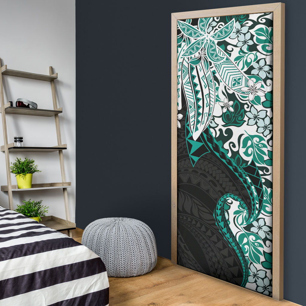 Monstera Plumeria Flowers Teal Door Cover Polynesian Pattern LT01 - Polynesian Pride