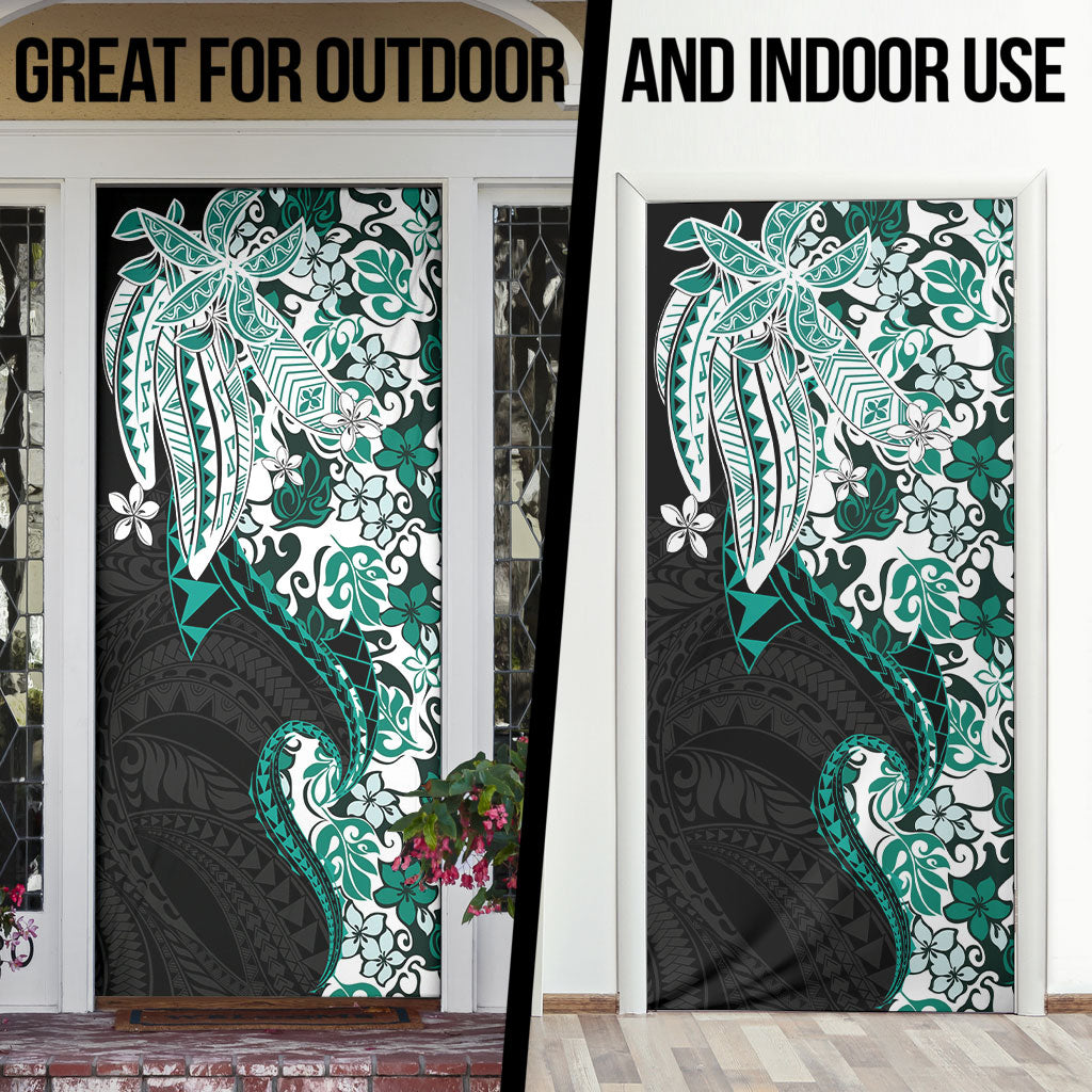 Monstera Plumeria Flowers Teal Door Cover Polynesian Pattern LT01 - Polynesian Pride