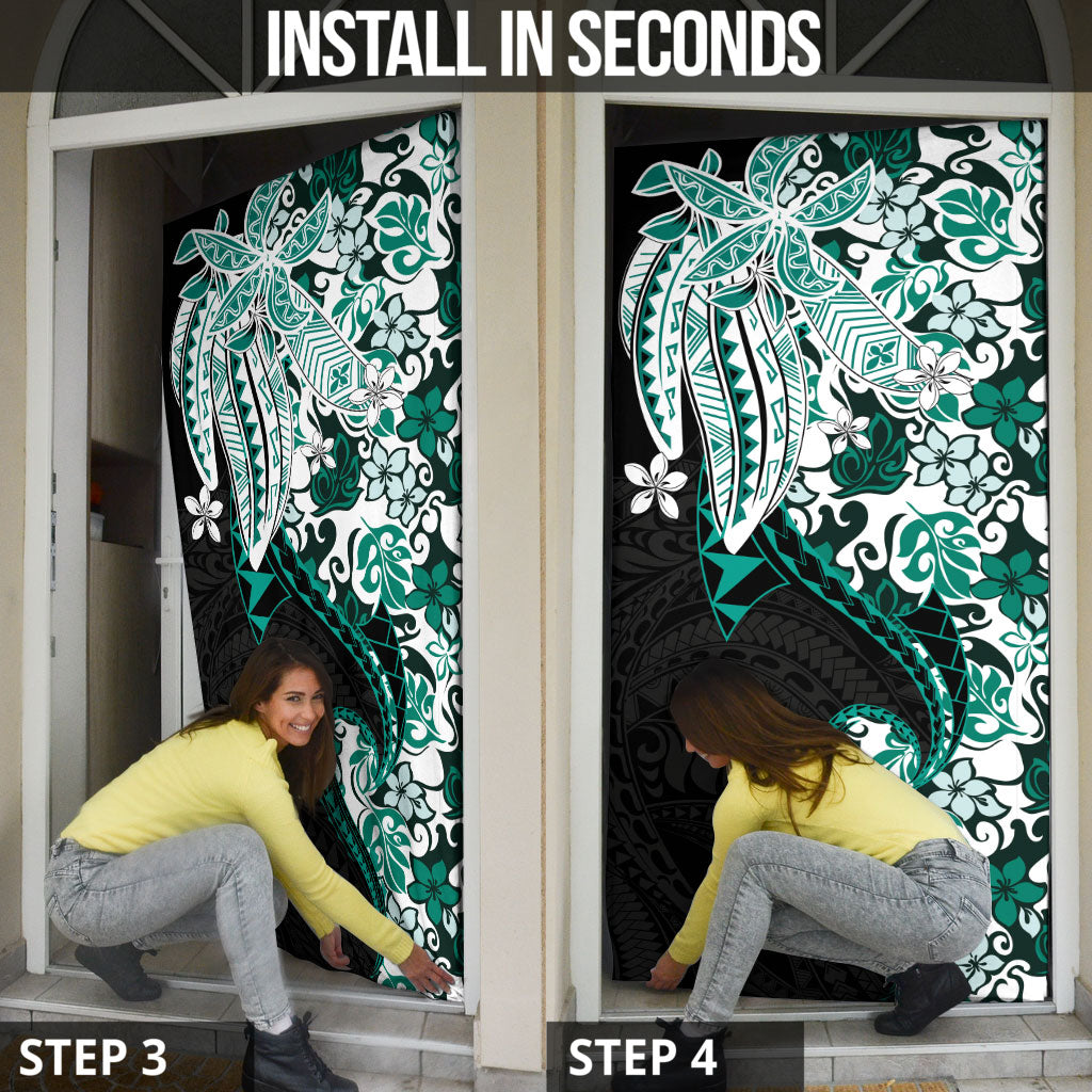 Monstera Plumeria Flowers Teal Door Cover Polynesian Pattern LT01 - Polynesian Pride