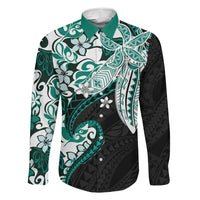 Monstera Plumeria Flowers Teal Family Matching Long Sleeve Bodycon Dress and Hawaiian Shirt Polynesian Pattern