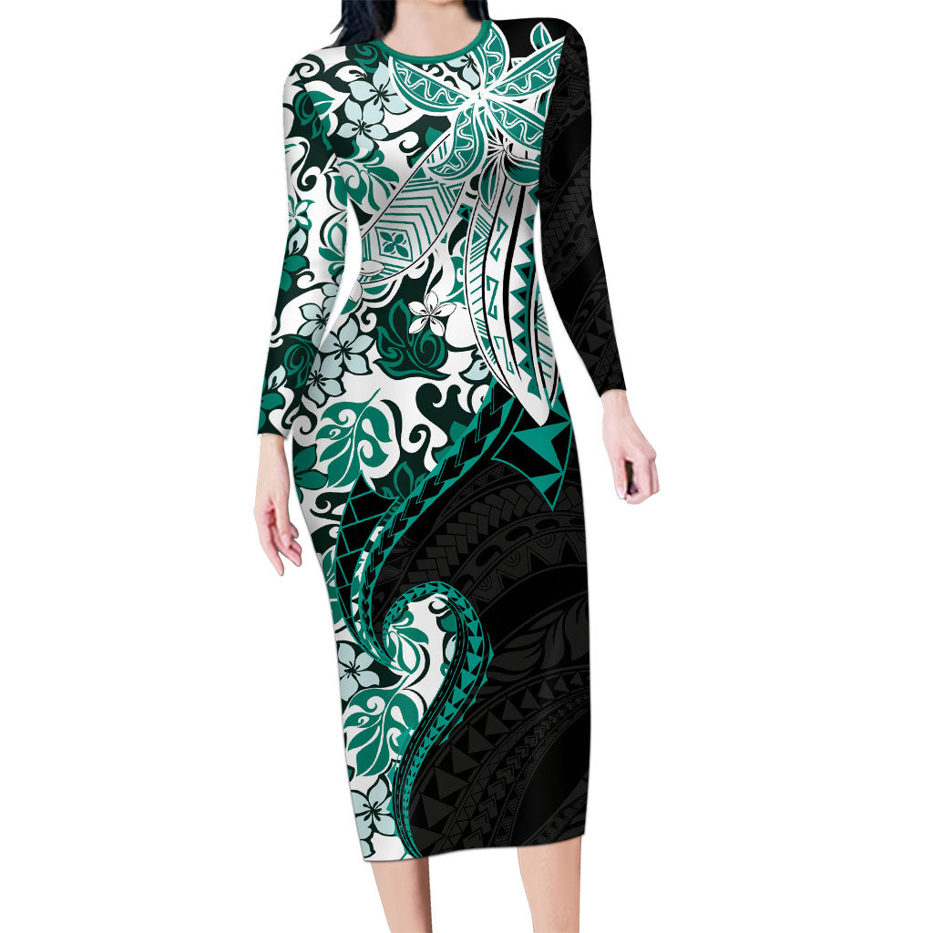 Monstera Plumeria Flowers Teal Family Matching Long Sleeve Bodycon Dress and Hawaiian Shirt Polynesian Pattern