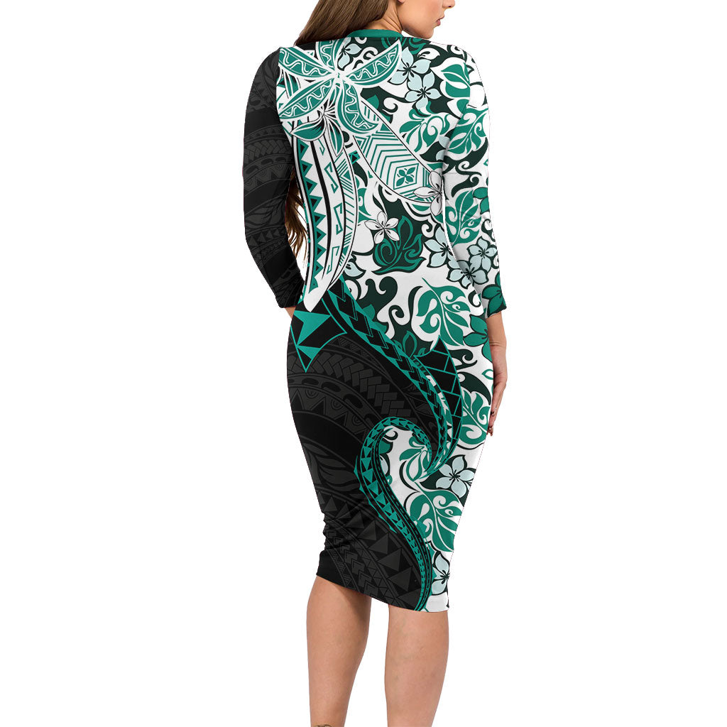 Monstera Plumeria Flowers Teal Family Matching Long Sleeve Bodycon Dress and Hawaiian Shirt Polynesian Pattern