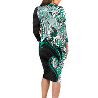 Monstera Plumeria Flowers Teal Family Matching Long Sleeve Bodycon Dress and Hawaiian Shirt Polynesian Pattern