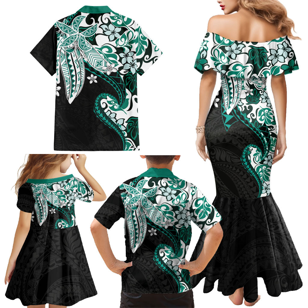 Monstera Plumeria Flowers Teal Family Matching Mermaid Dress and Hawaiian Shirt Polynesian Pattern