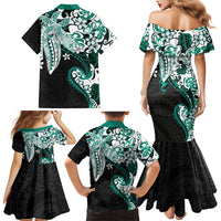 Monstera Plumeria Flowers Teal Family Matching Mermaid Dress and Hawaiian Shirt Polynesian Pattern