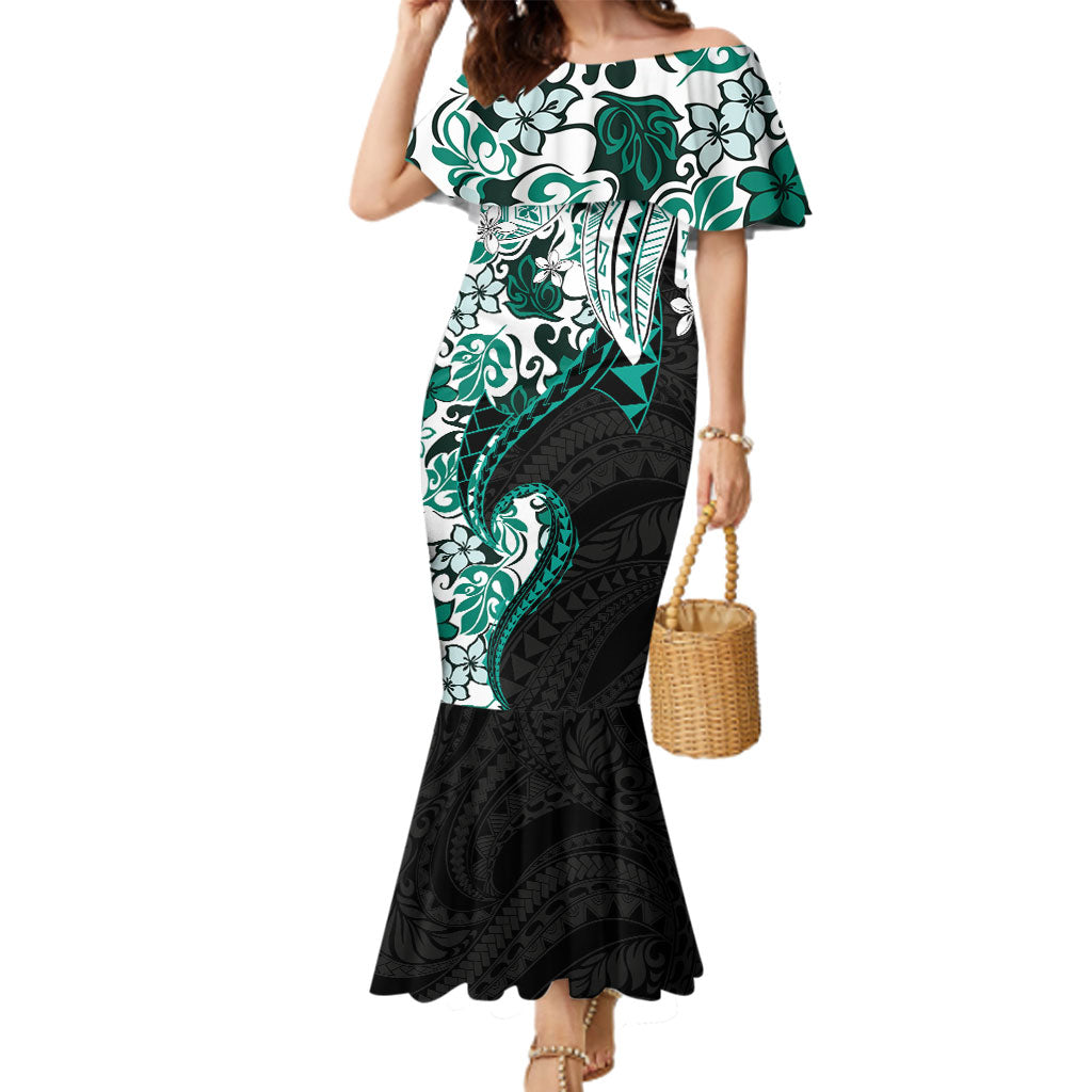 Monstera Plumeria Flowers Teal Family Matching Mermaid Dress and Hawaiian Shirt Polynesian Pattern
