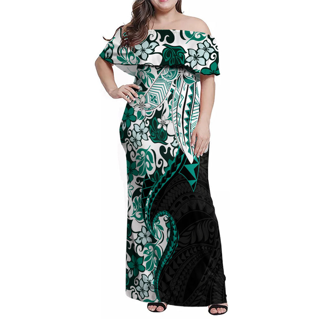 Monstera Plumeria Flowers Teal Family Matching Off Shoulder Maxi Dress and Hawaiian Shirt Polynesian Pattern LT01 Mom's Dress Teal - Polynesian Pride