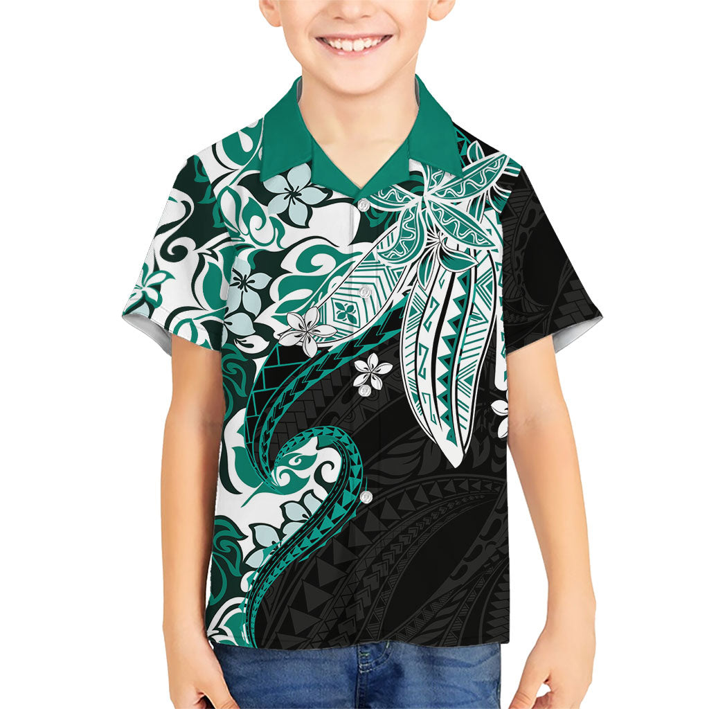 Monstera Plumeria Flowers Teal Family Matching Off Shoulder Maxi Dress and Hawaiian Shirt Polynesian Pattern LT01 Son's Shirt Teal - Polynesian Pride