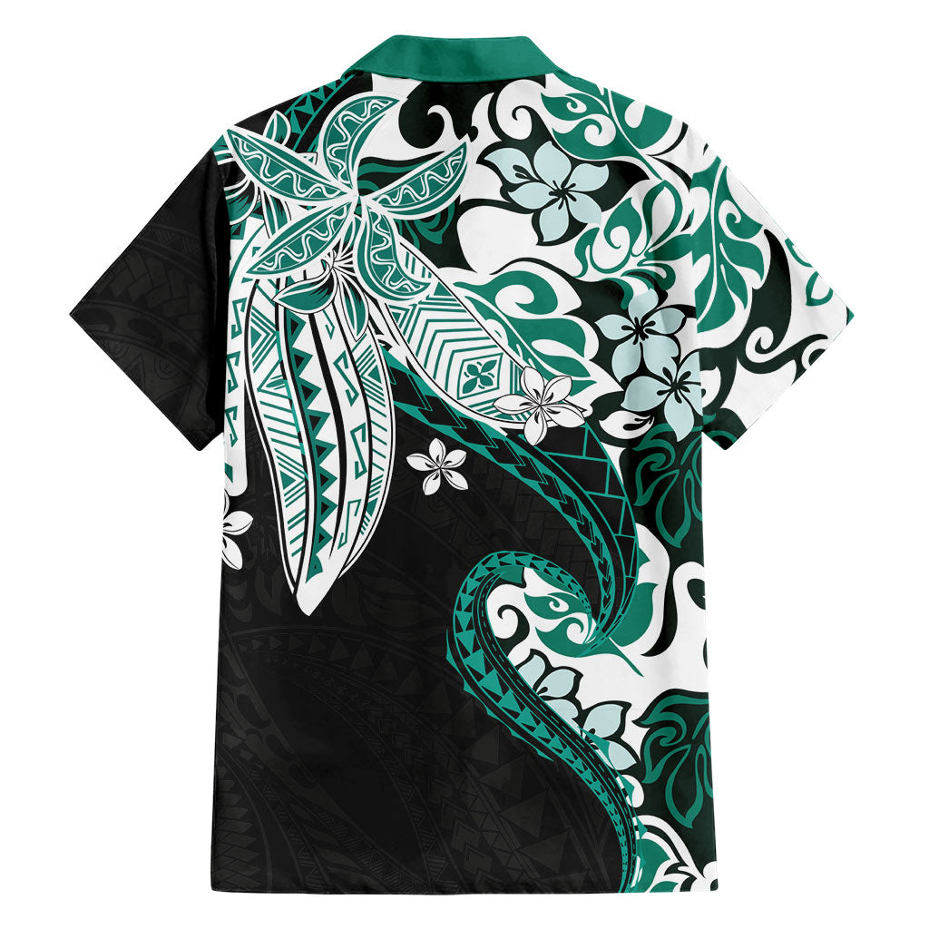 Monstera Plumeria Flowers Teal Family Matching Off Shoulder Short Dress and Hawaiian Shirt Polynesian Pattern LT01 - Polynesian Pride