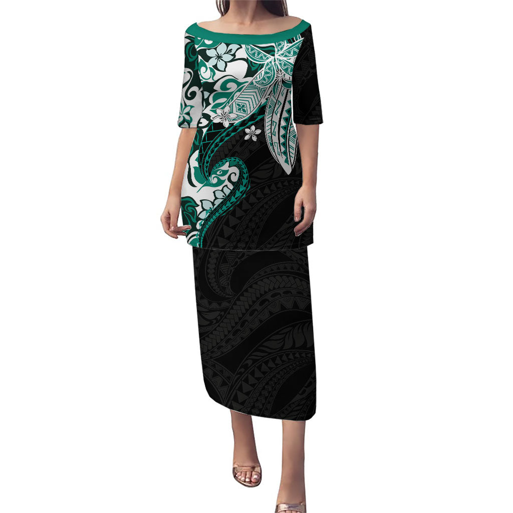 Monstera Plumeria Flowers Teal Family Matching Puletasi and Hawaiian Shirt Polynesian Pattern LT01 Mom's Dress Teal - Polynesian Pride