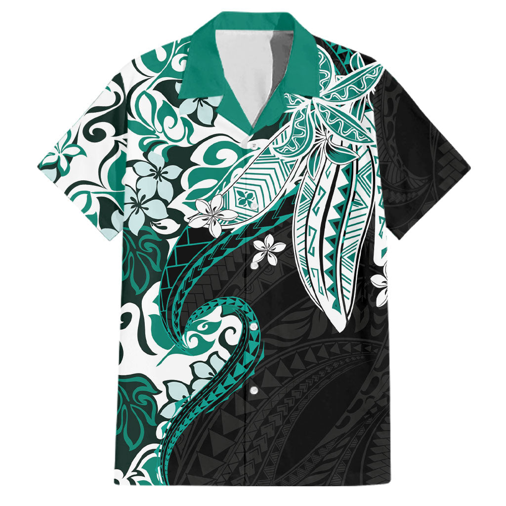 Monstera Plumeria Flowers Teal Family Matching Short Sleeve Bodycon Dress and Hawaiian Shirt Polynesian Pattern