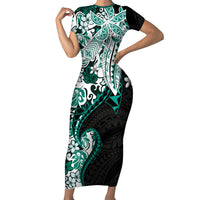 Monstera Plumeria Flowers Teal Family Matching Short Sleeve Bodycon Dress and Hawaiian Shirt Polynesian Pattern