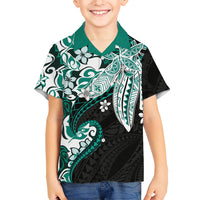 Monstera Plumeria Flowers Teal Family Matching Short Sleeve Bodycon Dress and Hawaiian Shirt Polynesian Pattern