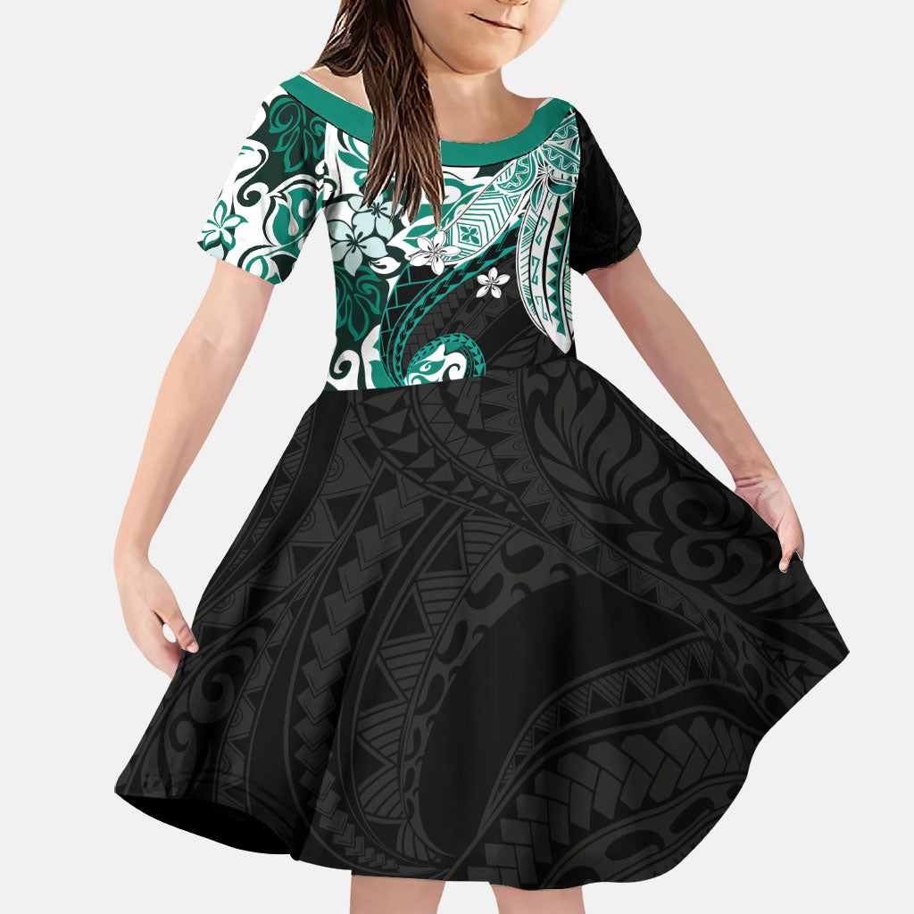 Monstera Plumeria Flowers Teal Family Matching Summer Maxi Dress and Hawaiian Shirt Polynesian Pattern LT01 Daughter's Dress Teal - Polynesian Pride