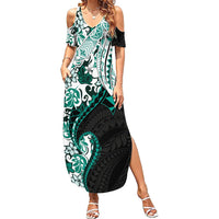 Monstera Plumeria Flowers Teal Family Matching Summer Maxi Dress and Hawaiian Shirt Polynesian Pattern LT01 Mom's Dress Teal - Polynesian Pride
