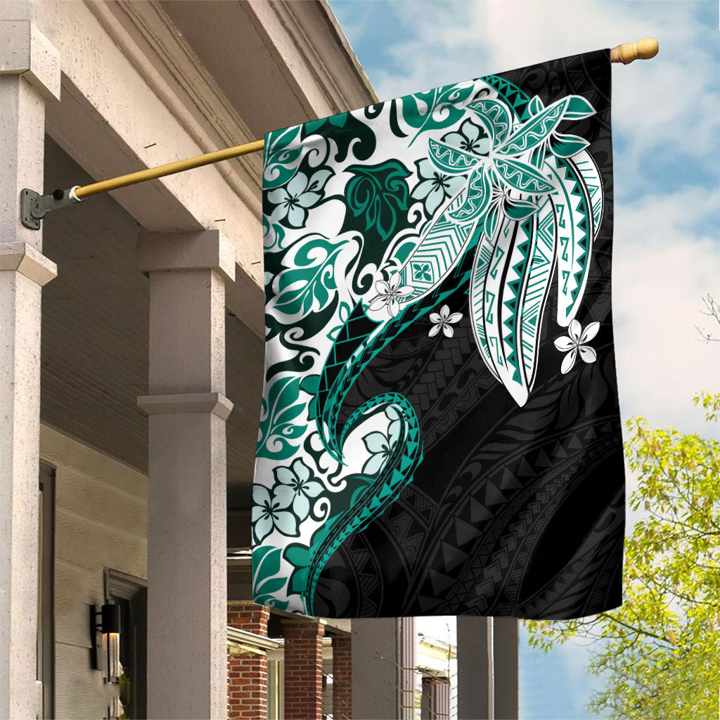 Monstera Plumeria Flowers Teal Garden Flag Polynesian Pattern LT01 House Flag Teal - Polynesian Pride